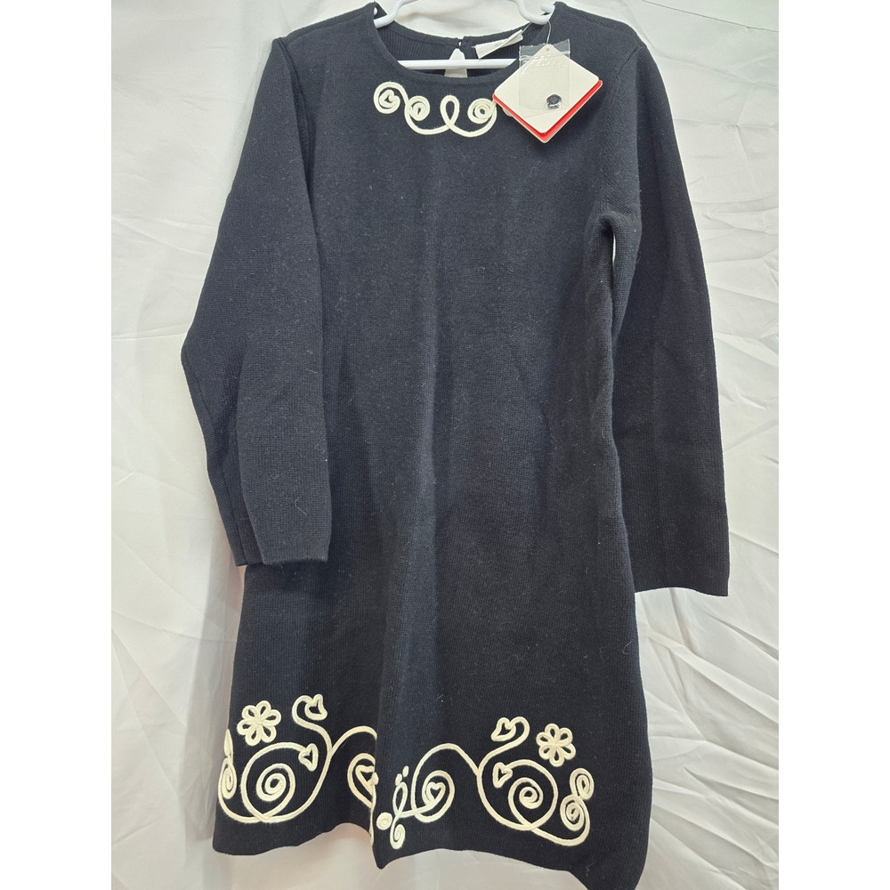 Hanna Andersson Black Knit Dress Girls Size 6-7 Embroidered Flowers Long Sleeve